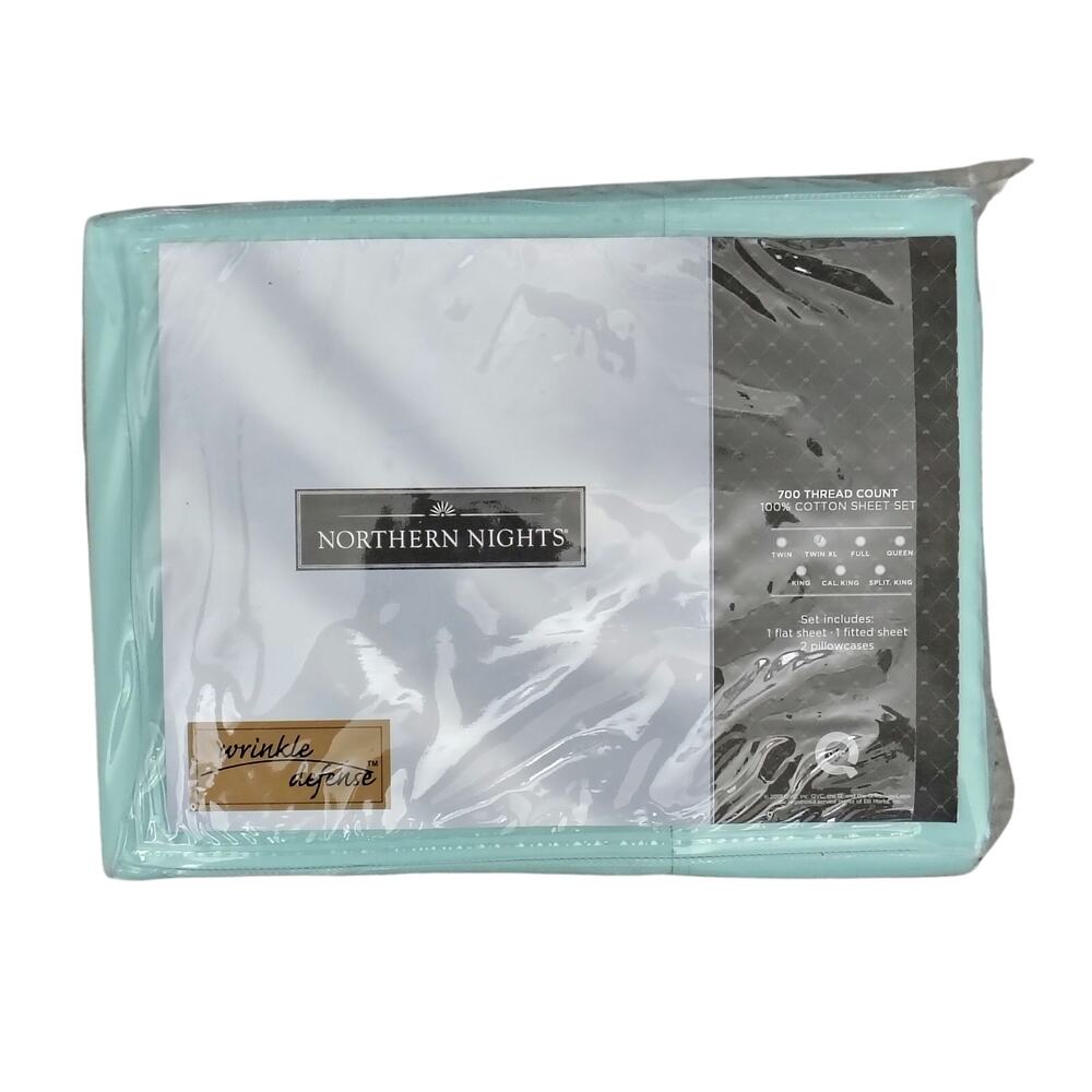 QVC Northern Nights Twin XL Sheet Set Seaglass Turquoise Blue 100% Cotton NEW